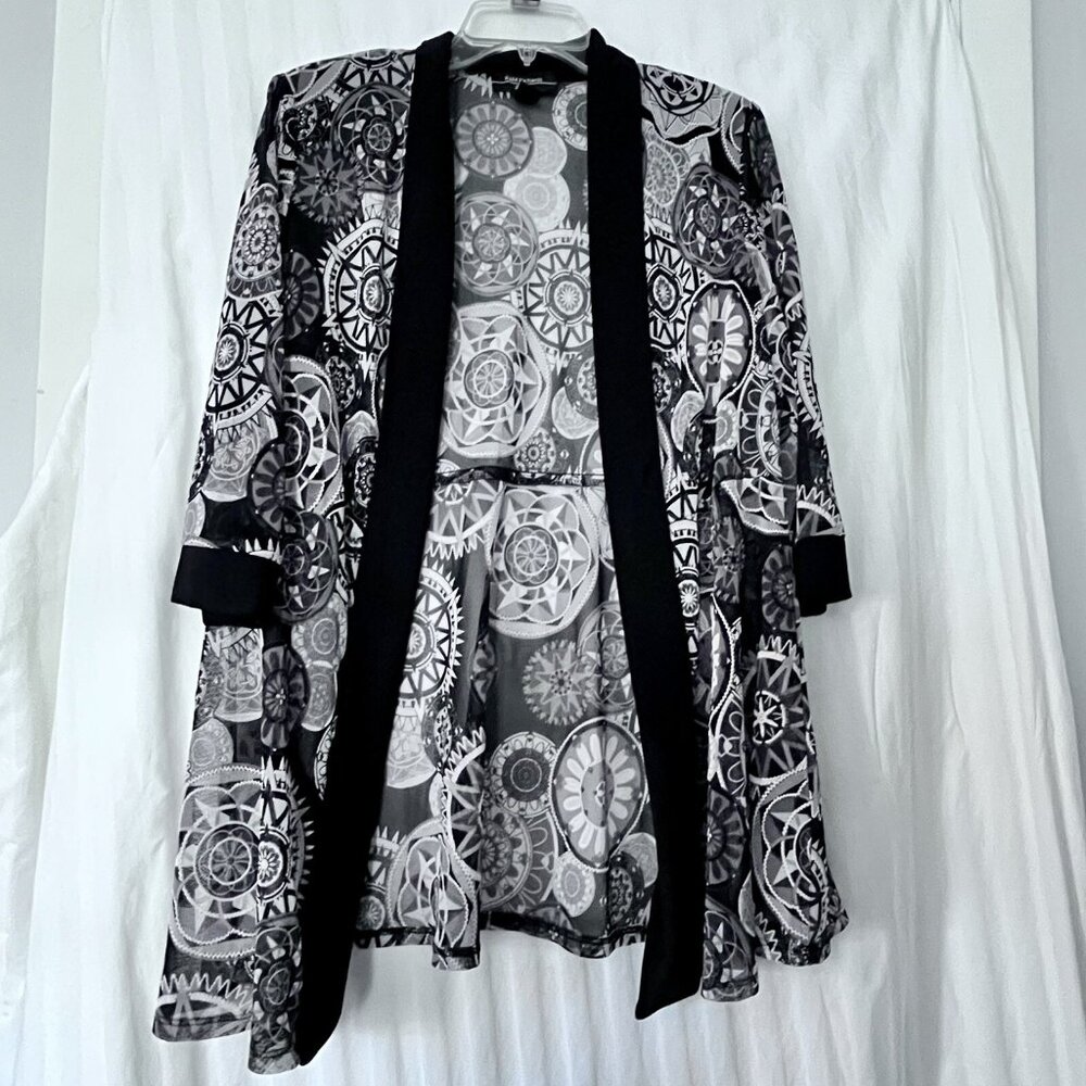 VTG R&M RICHARDS Open Front Top Kimono Sheer Black White Women's 14 Petite